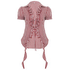 Red Plaid Overshirt Women Clothing Pleated Stringy Selvedge Lace up Puff Sleeve Short Sleeve T shirt Bella Mia