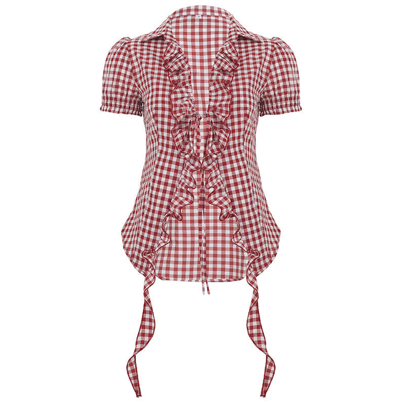 Red Plaid Overshirt Women Clothing Pleated Stringy Selvedge Lace up Puff Sleeve Short Sleeve T shirt Bella Mia