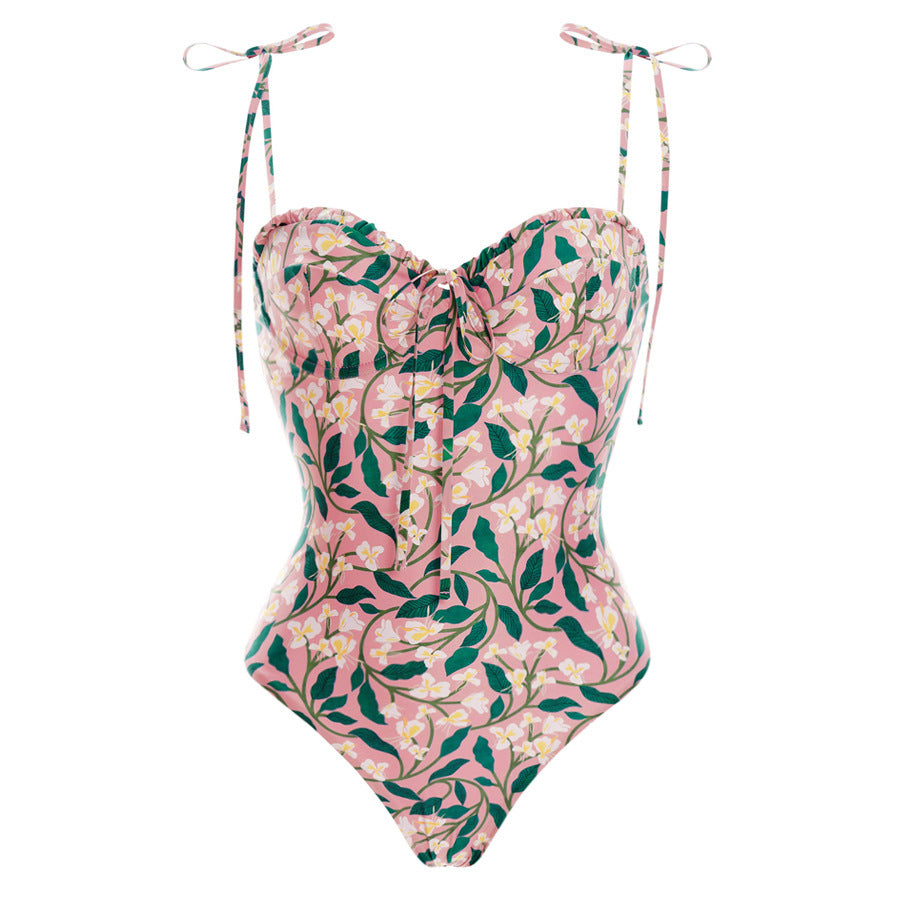 Women Lace up One Piece Women Swimwear French Retro Cover Belly Slimming Swimsuit Chiffon Beach Dress Bella Mia
