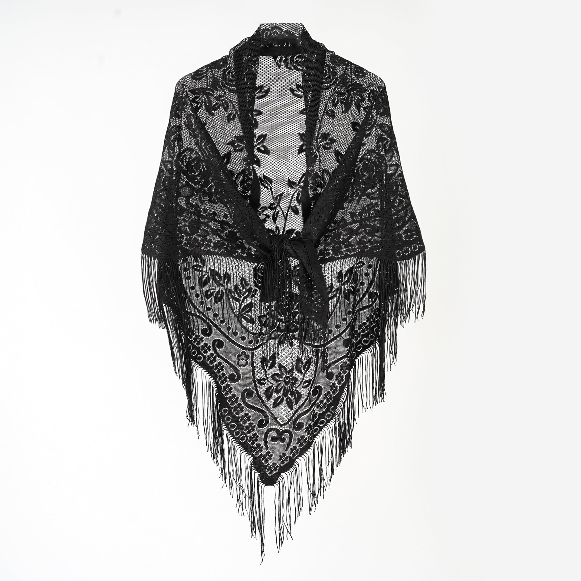 Nylon Hollow Out Cutout Breathable Tassel Triangle Shawl Women Scarf Bella Mia