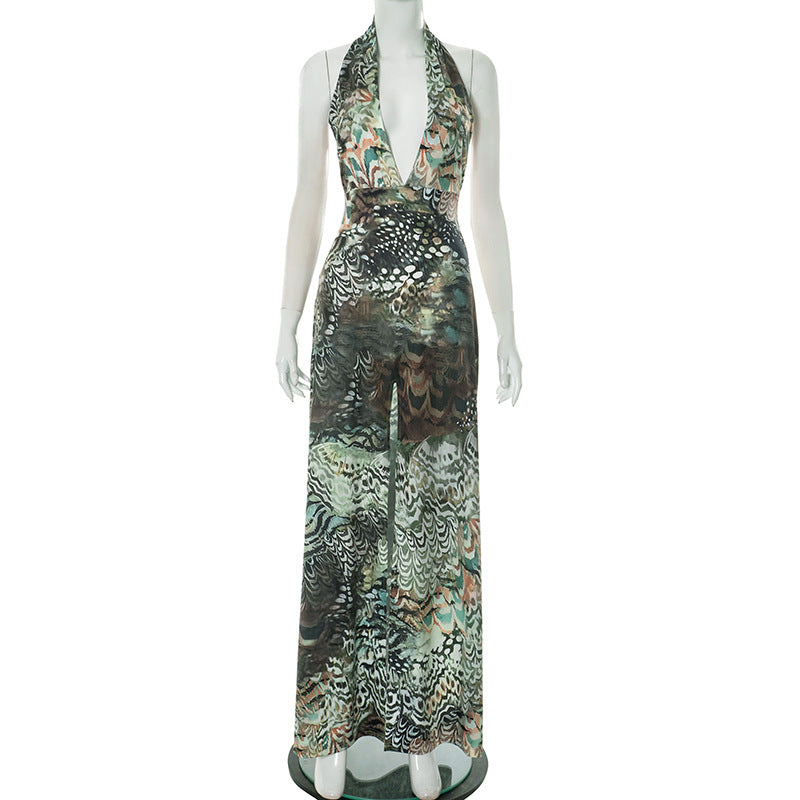 Women Clothing Elegant Halter Deep V Plunge neck Backless Waist Tight Slit Dress Abstract Printing Dress Women Bella Mia