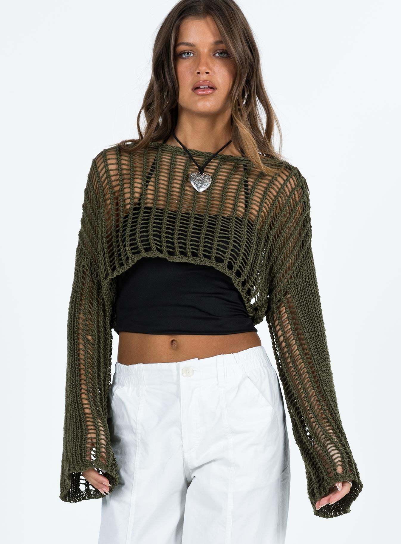 Women Clothing Summer Crew Neck Long Sleeve Sun Protective Blouse Hollow Out Cutout out Short Sexy Cropped Knitted Sweater Women Bella Mia