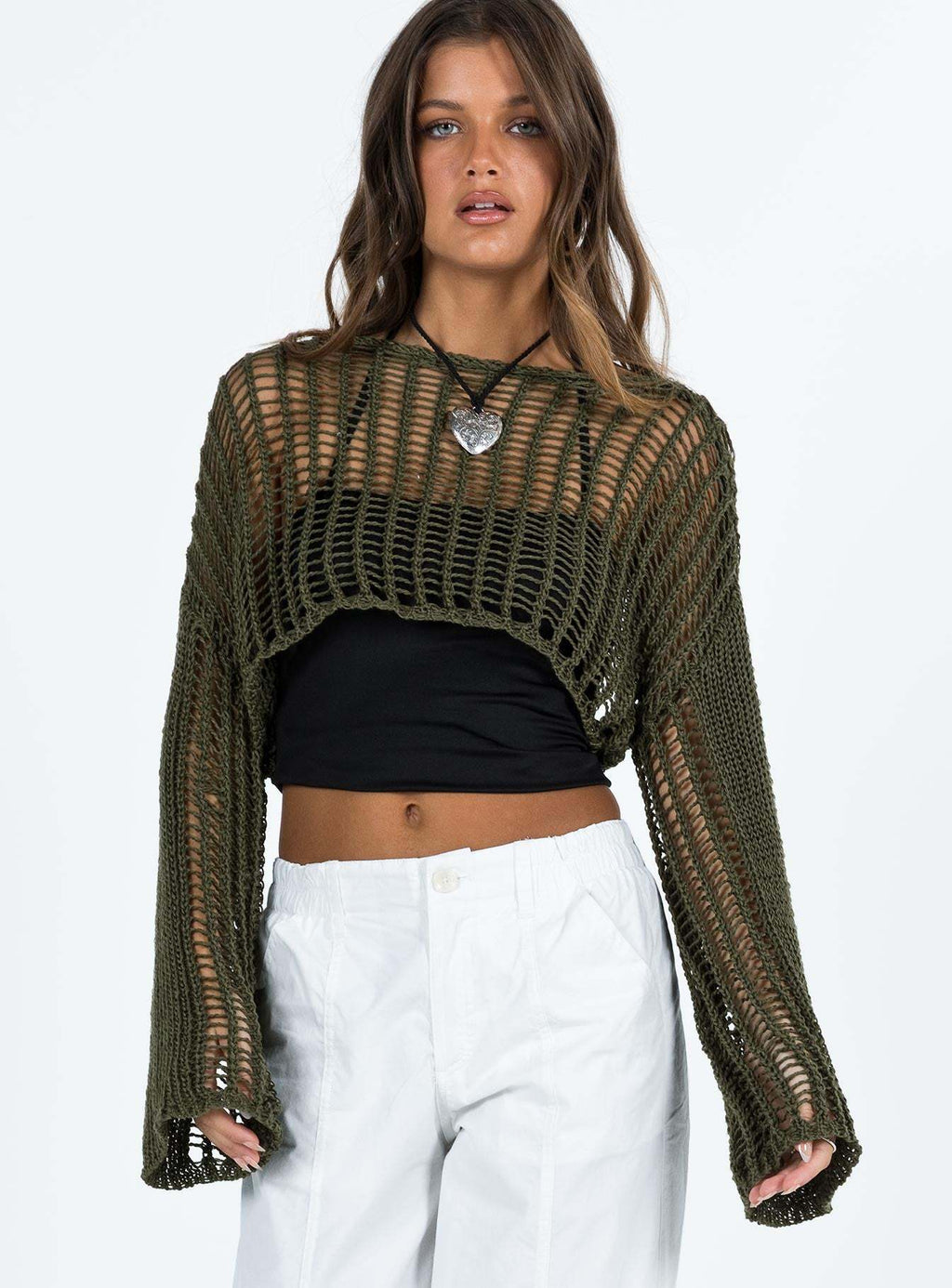 Women Clothing Summer Crew Neck Long Sleeve Sun Protective Blouse Hollow Out Cutout out Short Sexy Cropped Knitted Sweater Women Bella Mia