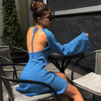 Woolen Sexy Tether Backless Dress Winter Horn Long Sleeve Solid Color Short Dress Bella Mia