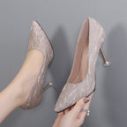 Korean Cocktail High Heels Metal Heel High Heel Low Cut Pointed Shining Sequin Cloth Pumps Bella Mia