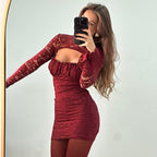 Women Clothing Lace Stitching Chest Hollow Out Cutout Flared Sleeve Waist Hip dress Bella Mia