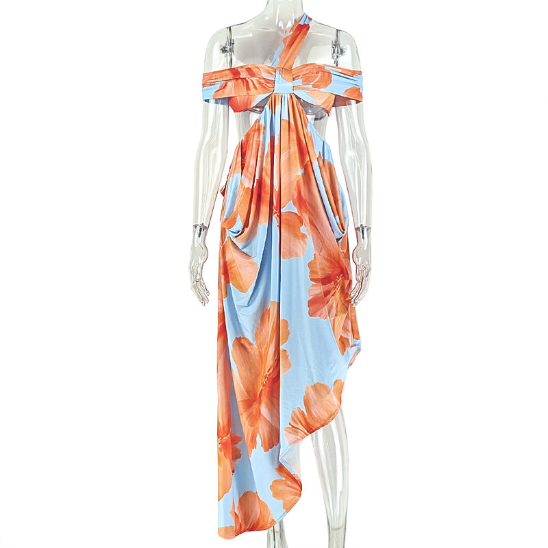 Summer Women Printed Wear Cool Color Matching Wrapped Chest Hip Dress Home Diagonal Collar Backless Maxi Dress