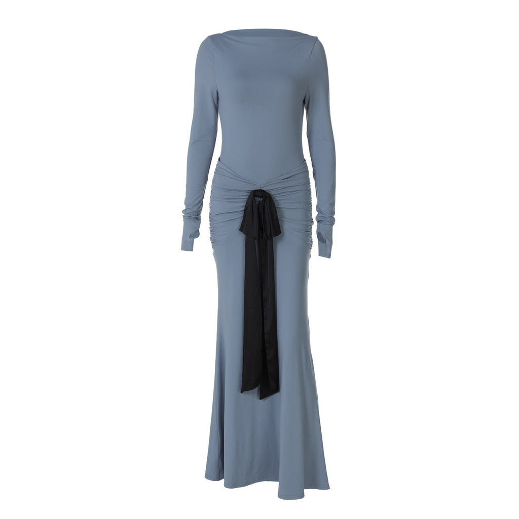 Women Clothing Summer Solid Color Pleated Waist Controlled Lace up Long Sleeve Dress Women Bella Mia