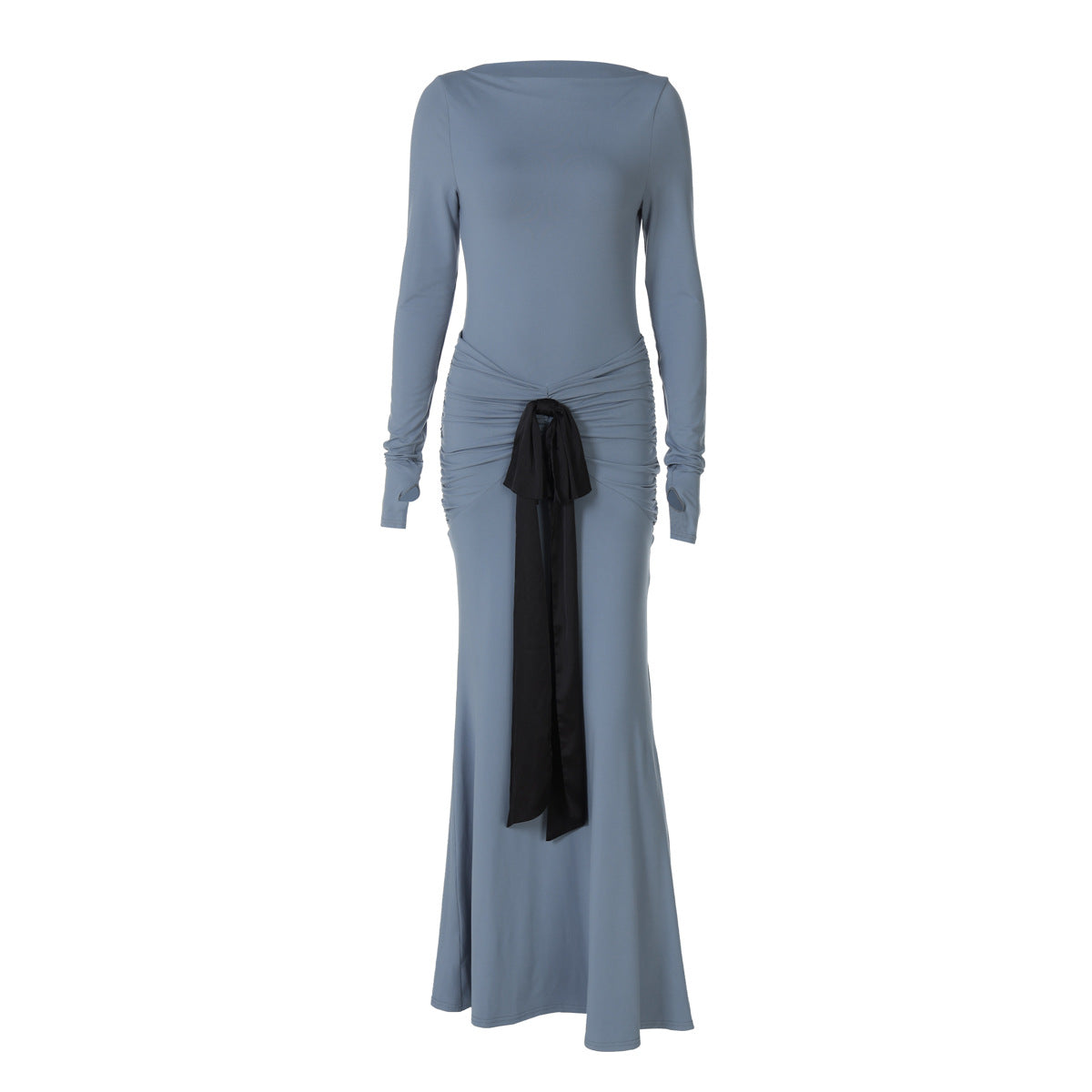 Women Clothing Summer Solid Color Pleated Waist Controlled Lace up Long Sleeve Dress Women Bella Mia