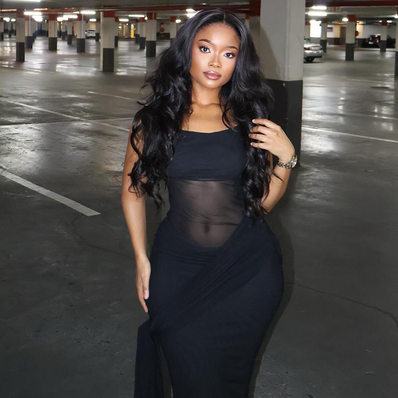 Women Clothing Solid Color Design Slightly Revealed Cropped Hip round Neck Slim Street Maxi Dress