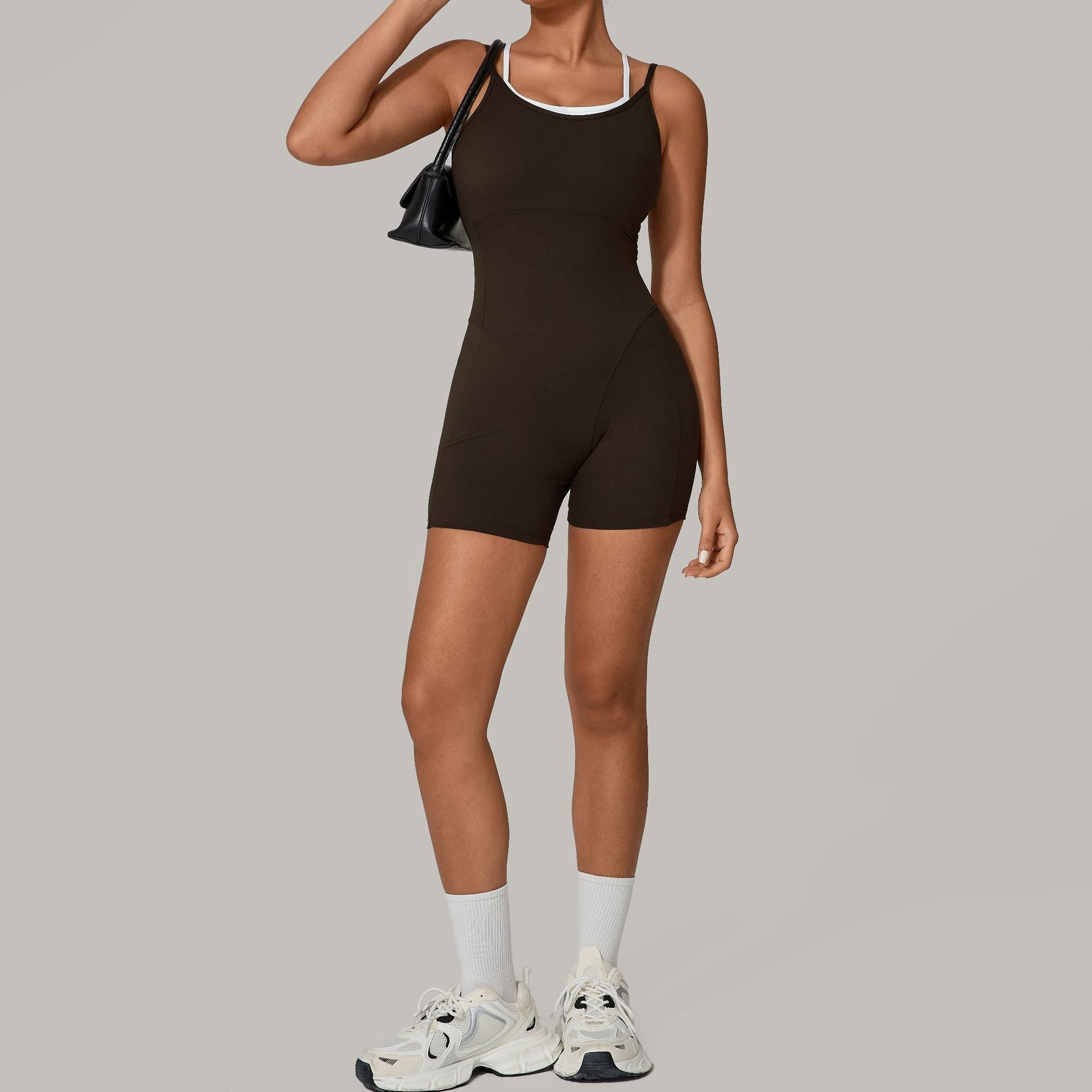 Autumn Sand Faux Two Piece Contrast Color Sling Sports Jumpsuit One Piece Yoga Clothes Backless Outdoor Fitness One Piece Bella Mia