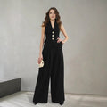 Women Elegant Solid Color V neck Sleeveless Vest High Waist Wide Leg Pants Set Bella Mia