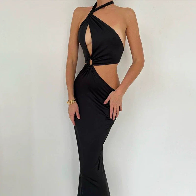 Splice Neck Strap Open Back Long Skirt Halter Strap Backless Dress Luxlife Brands