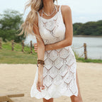 Women Side Slit Sexy V neck Strap Hollow Out Cutout Floral Texture Dress Beach Cover up Skirt Bella Mia