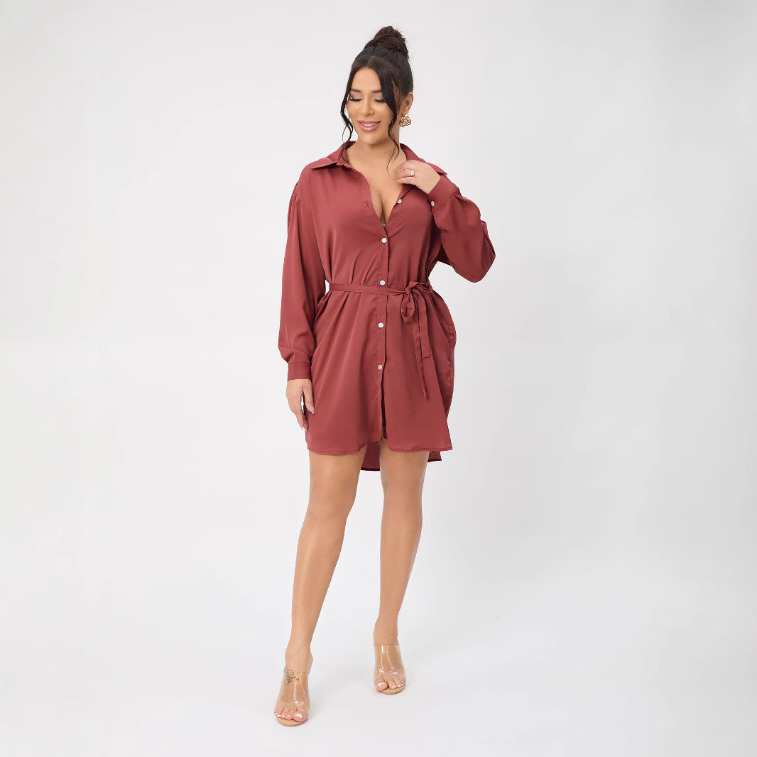 Casual Long Sleeve Women Clothing Long Shirt Collar Belt Two Piece Shorts Sets Women Spring Bella Mia