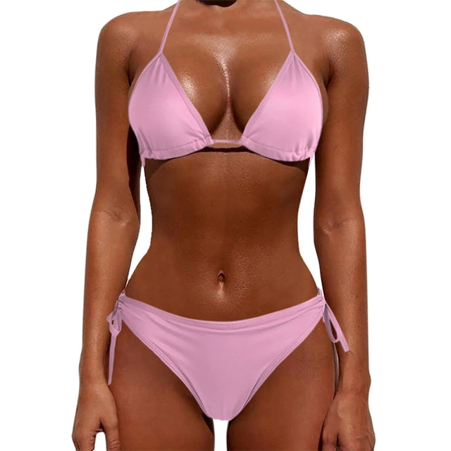 Sexy Solid Color Lace-up Split Swimsuit Sexy Pure Color Tied Separates Swimsuit Luxlife Brands