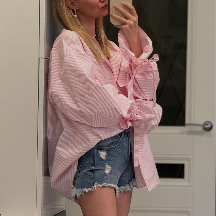 Fashionable Striped Office French Shirt for Women Spring Autumn Printing Collared Bell Sleeve Loose Pockets Shirt Bella Mia