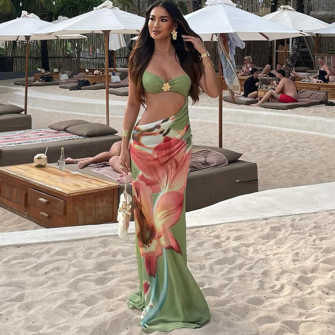 Spring Women Clothing Vacation Sexy Cropped Wrapped Chest Spaghetti Strap Floral Print Dress for Women Bella Mia
