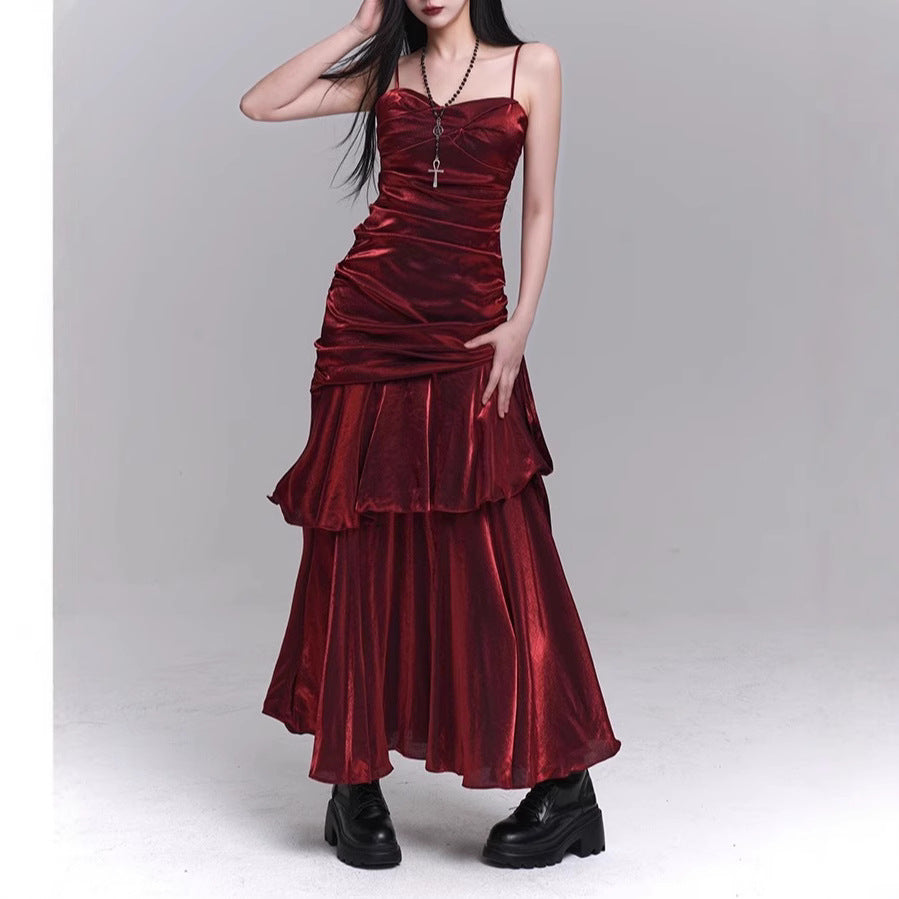 Dark Red Suspenders Dress Concert Birthday Dress High Grade Party Little Dress Bella Mia