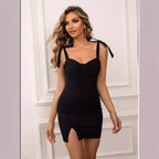 French Hepburn V Neck Strap Dress Summer Retro Split Waist Slimming Short Dress Women Clothing Bella Mia