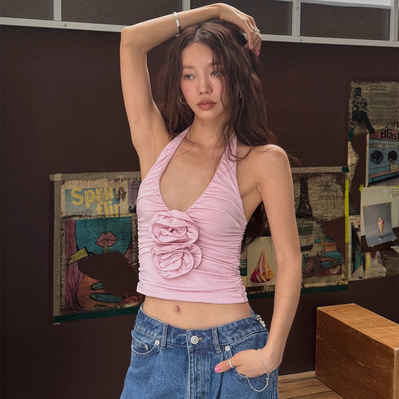 Women Clothing Summer Sexy Pure Want Pleated Floral Decoration Halterneck Vest Top Bella Mia