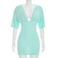 Women Clothing Summer Solid Color V neck Pleated Half Sleeve Slim Sheath Dress Women
