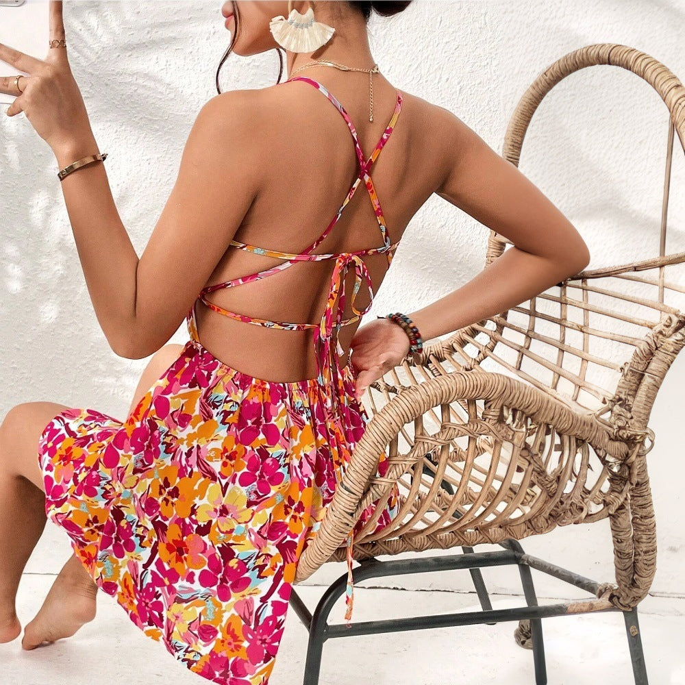 Women Clothing Vacation Dress Spring Summer Seaside Holiday Floral Square Collar Short Dress Bella Mia