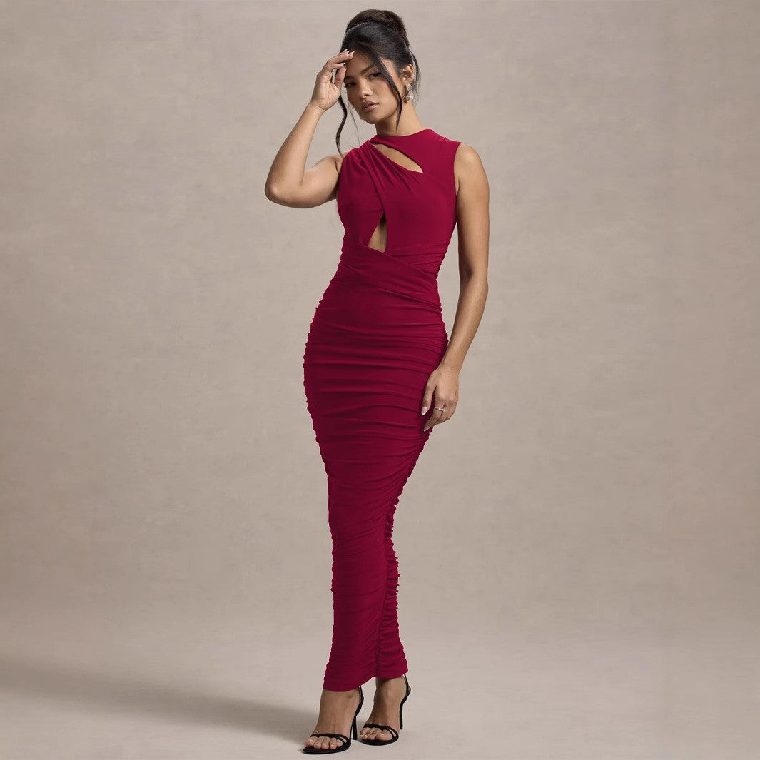 Autumn Winter Women Clothing Elegant Pleated Slim Sleeveless round Neck Sheath Dress Bella Mia