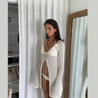 Summer Beach Dress Women Solid Color Sexy Knitted Hollow Out Cutout Bikini Swimsuit Blouse Sun Protective Clothing Bella Mia
