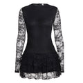 Women Dark Sexy Tight Long Sleeve See through Lace Tiered Dress round Neck Waist Trimming A line Dress Bella Mia