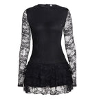 Women Dark Sexy Tight Long Sleeve See through Lace Tiered Dress round Neck Waist Trimming A line Dress Bella Mia