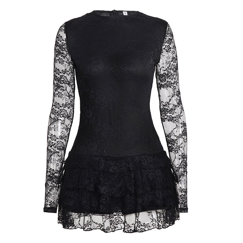Women Dark Sexy Tight Long Sleeve See through Lace Tiered Dress round Neck Waist Trimming A line Dress Bella Mia