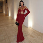 Women Clothing Autumn Winter Sexy Hollow Out Cutout out Backless Lace up Halterneck Solid Color Dress Women Bella Mia