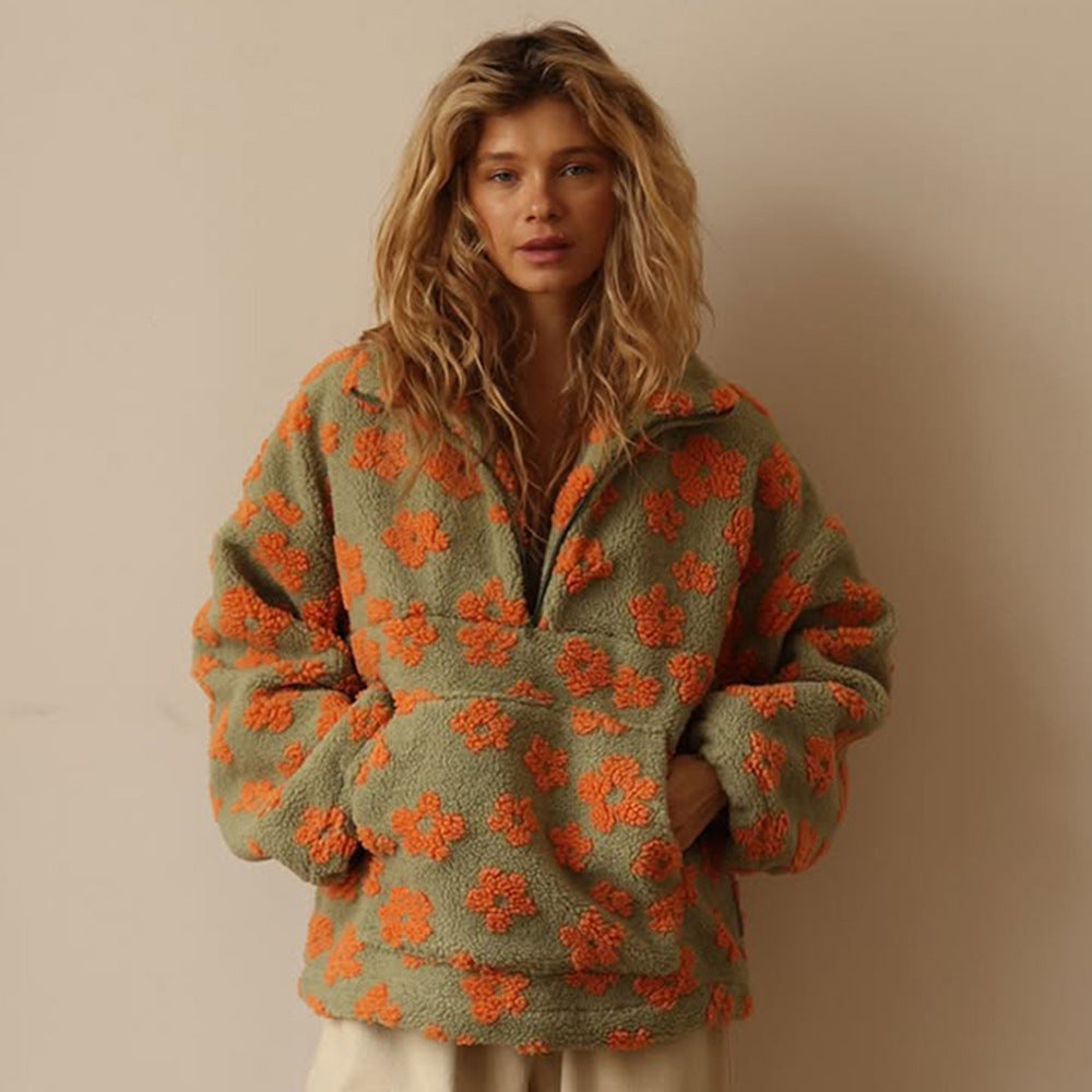 Women Polar Fleece Floral Autumn Winter Sweater Warm Furry Fleece Pullover Bella Mia