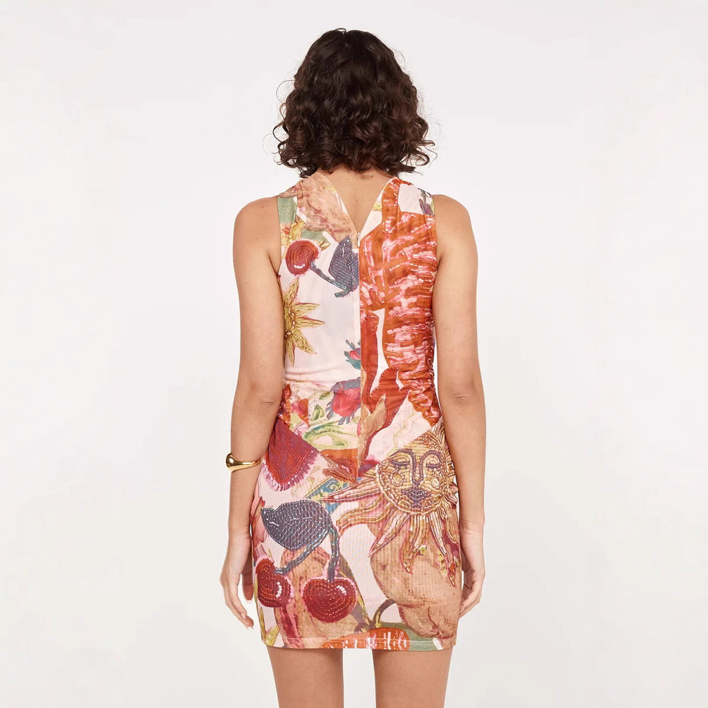Spring Summer Halter Mesh Printing Dress Elastic Casual Holiday Dress Bella Mia