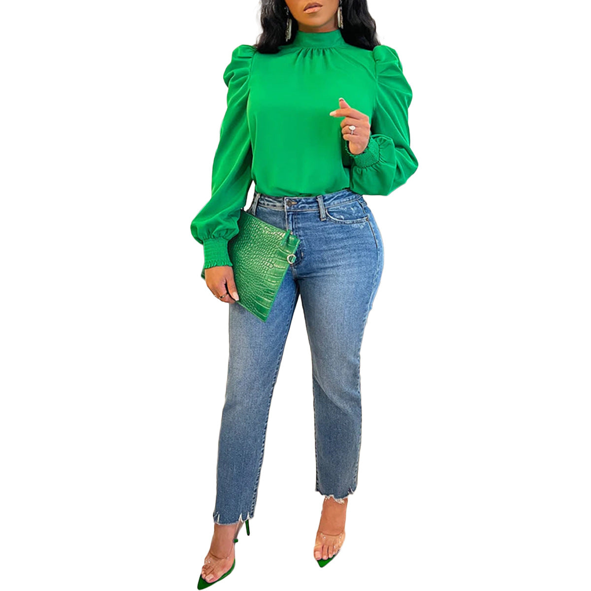 Women Clothing Four Seasons Solid Color Long Stand up Collar Puff Sleeve Back Lace up Top Bella Mia
