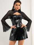 Sexy See through Long Sleeve Mesh Stitching Sequ Dress Women Clothing Short Bella Mia