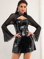 Sexy See through Long Sleeve Mesh Stitching Sequ Dress Women Clothing Short Bella Mia