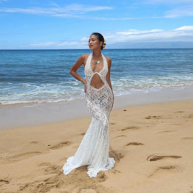 Women Summer Elegant Lace Hollow Out Cutout out Halter Maxi Dress Sexy Backless Solid Color Dress Bella Mia