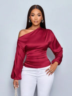 Women Clothes Satin Shirt Autumn Winter Asymmetric Long Sleeve Diagonal Collar Shirt Top Bella Mia