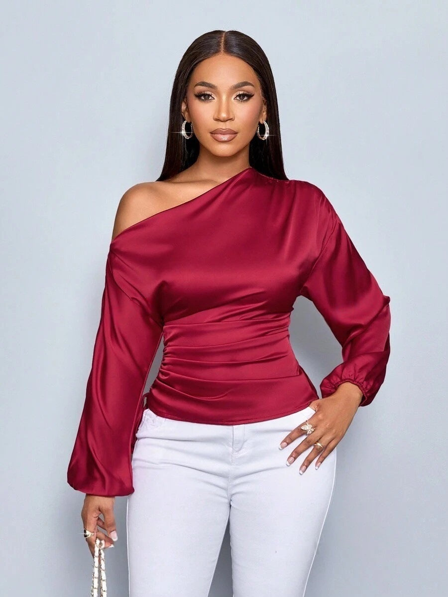Women Clothes Satin Shirt Autumn Winter Asymmetric Long Sleeve Diagonal Collar Shirt Top Bella Mia