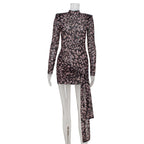 Women Clothing Mesh See through Leopard Print Lace up Waist Tight Sexy Dress Bella Mia