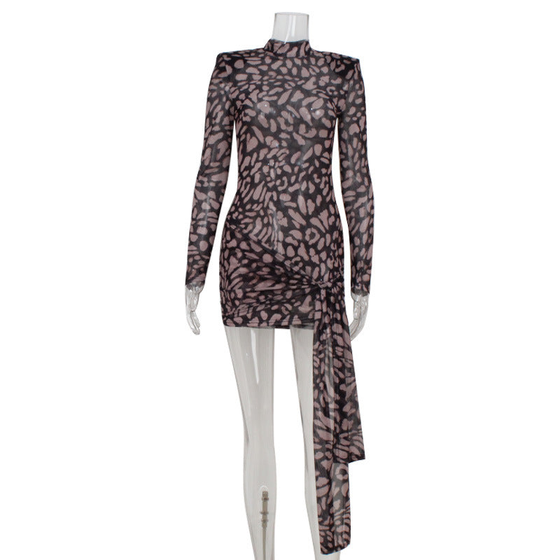 Women Clothing Mesh See through Leopard Print Lace up Waist Tight Sexy Dress Bella Mia