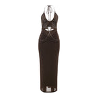 Women Clothing Summer Sexy Halter Lace up Hollow Out Cutout Rhinestone Chain Slim Fit Dress Women Bella Mia