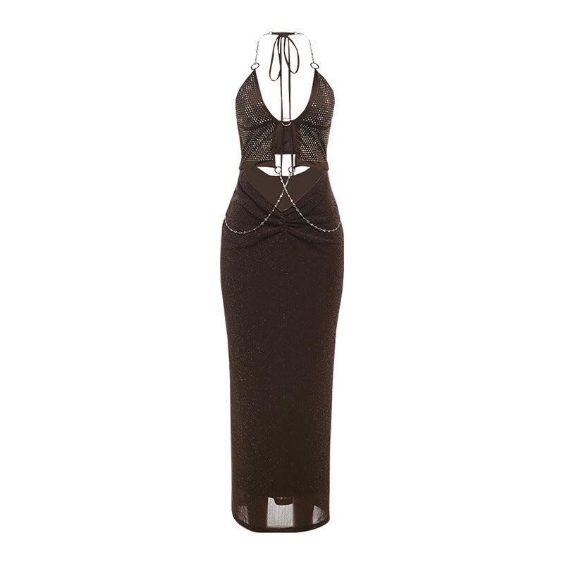 Women Clothing Summer Sexy Halter Lace up Hollow Out Cutout Rhinestone Chain Slim Fit Dress Women Bella Mia