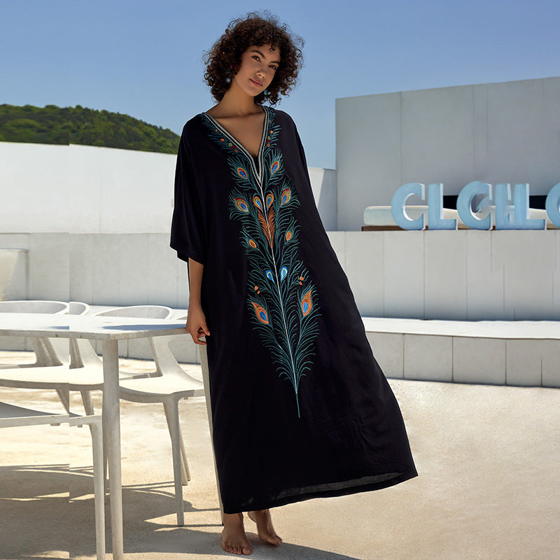 Cotton Printing Vacation Loose Maxi Dress Beach Jacket Maxi Dress Bikini Cover up Blouse Bella Mia