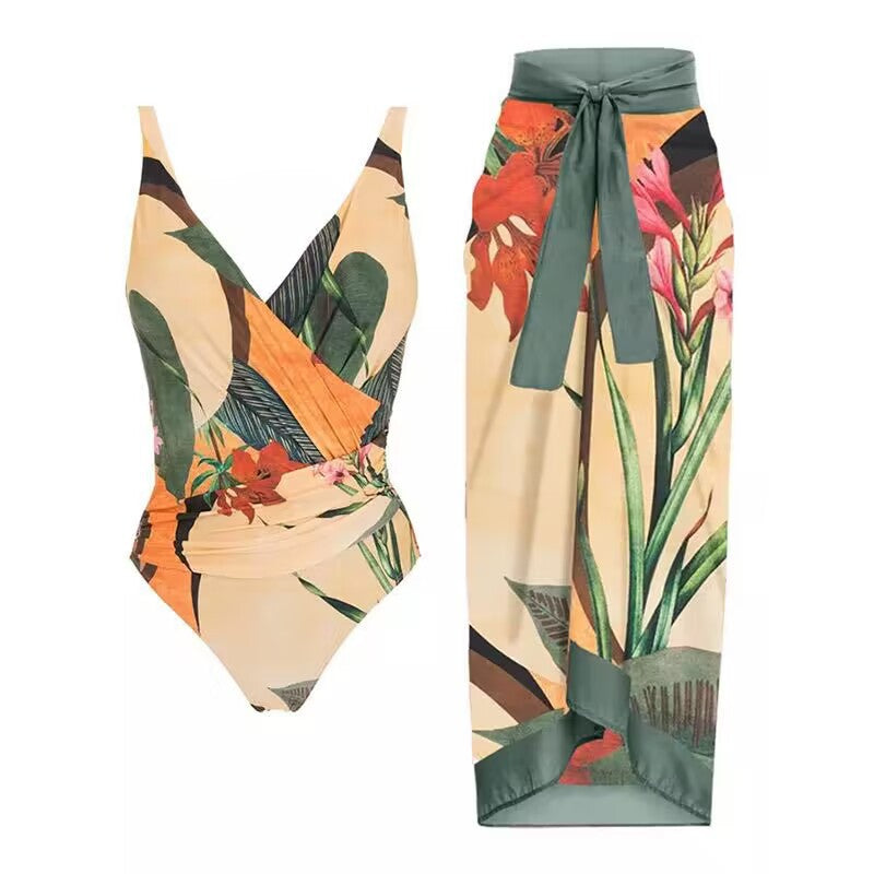 Two Piece Set Swimsuit Cross Belly Covering Printed Backless Sheath Dress Swimsuit Bella Mia