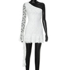 Women Autumn Shoulder Sleeve Ruffles Streamer Long Sleeve Short Dress Bella Mia