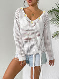 Women V neck Pullover Top Cutout Blouse Lace up Bow Outerwear Shirt Crochet Stitching Loose Sweater Women Bella Mia