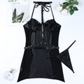 Black Micro Elastic Soft Leather Non Faux Leather Patent Leather Motorcycle Metal Nail Halter Waist Tight Hip Skirt Two Piece Set Bella Mia